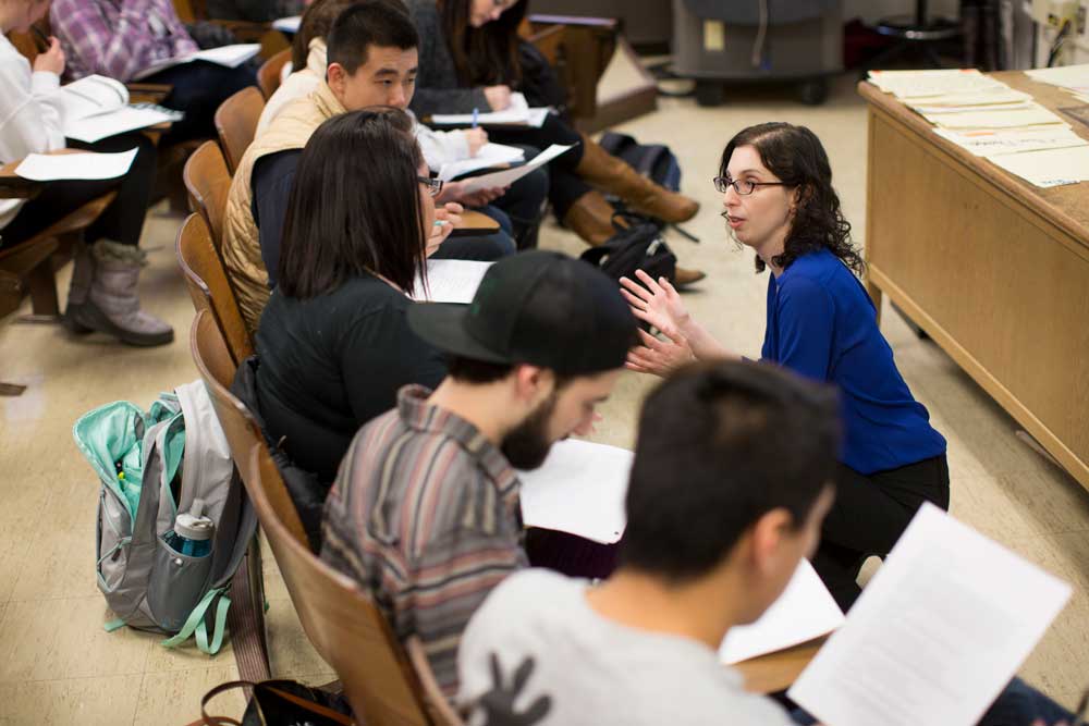 Alyssa Lederer answers a student question on Wednesday, March 4, 2015, in Woodburn Hall. Lederer is a 2015 Distinguished Teaching Awards honoree. Image found at: https://images.iu.edu/item/2019.